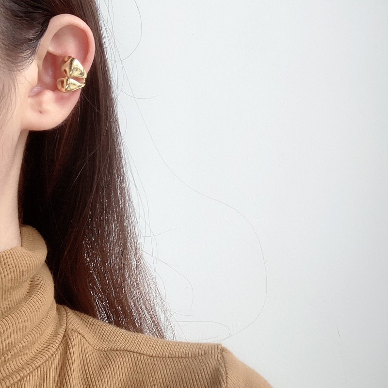 Authentic S925 Sterling Silver Glossy Double-Layer Ear Cuff Clip Wide Ear Bone Buckle without Piercing Fine Jewelry