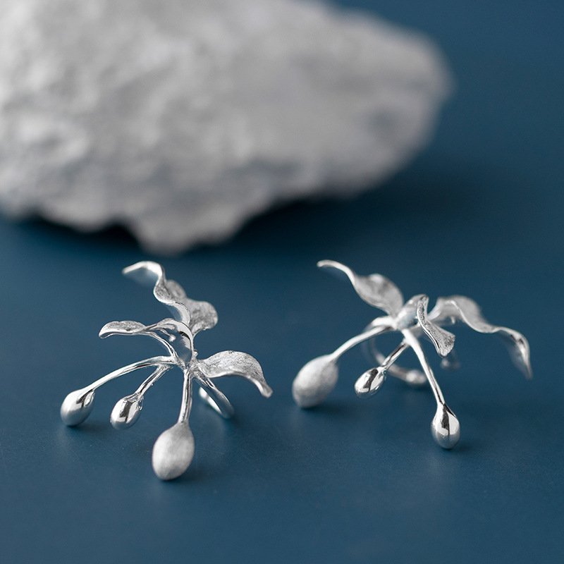 925 Sterling Silver Vintage Jewelry Flower Leaves Ear Cuff Clip Earrings
