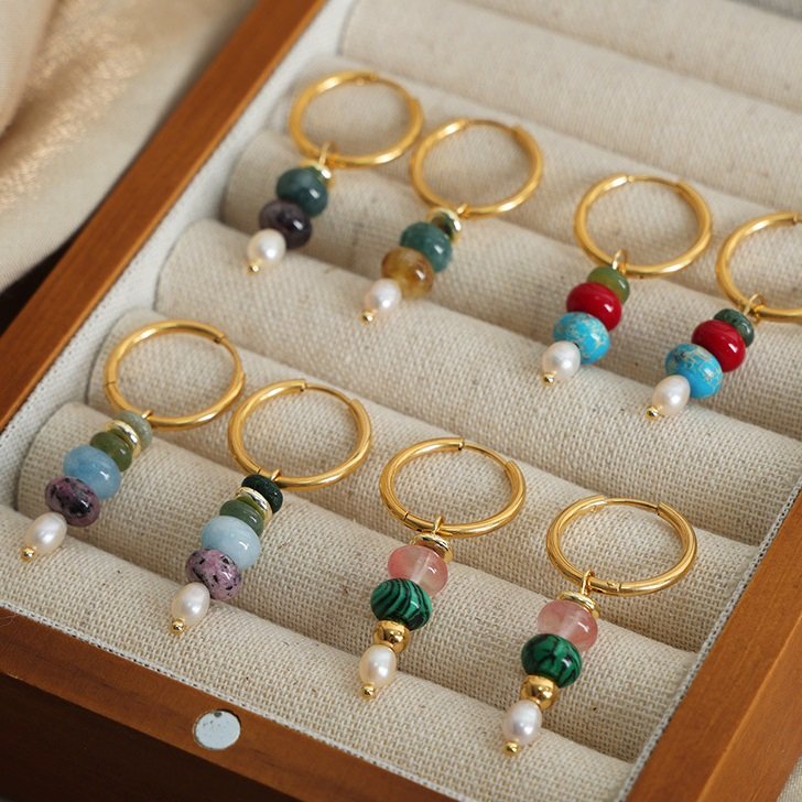 Woying Hot Selling Natural Stone Creative Fashion Designer Stainless Steel Fringe Colorful Bead Gift Pearl Long Hoop Earring