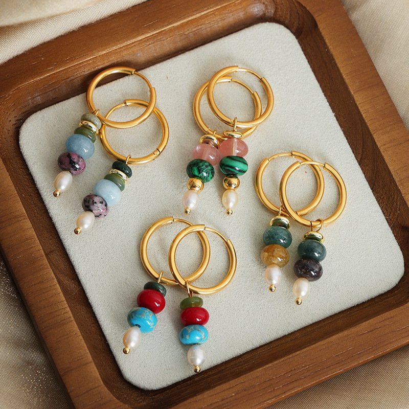 Woying Hot Selling Natural Stone Creative Fashion Designer Stainless Steel Fringe Colorful Bead Gift Pearl Long Hoop Earring
