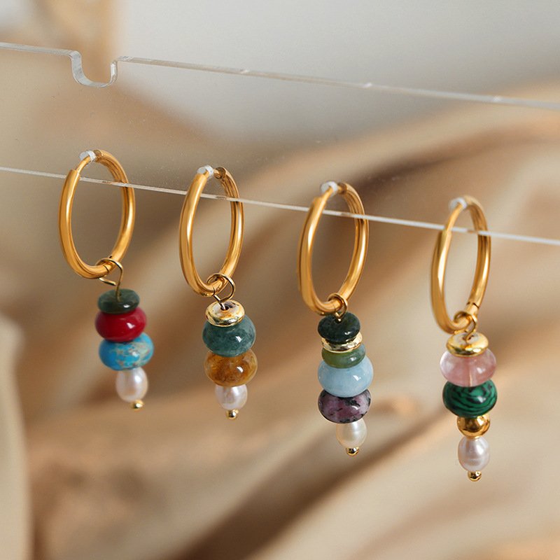 Woying Hot Selling Natural Stone Creative Fashion Designer Stainless Steel Fringe Colorful Bead Gift Pearl Long Hoop Earring
