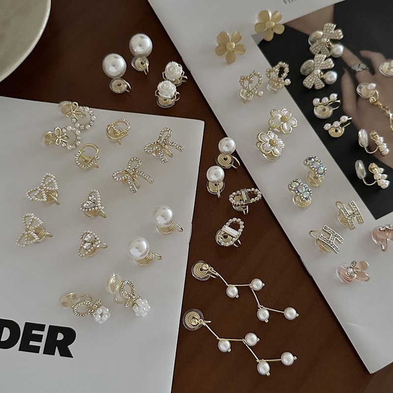 Cute Bow Earrings Ear Clip Pearl Earrings Style Flower Advanced Earrings