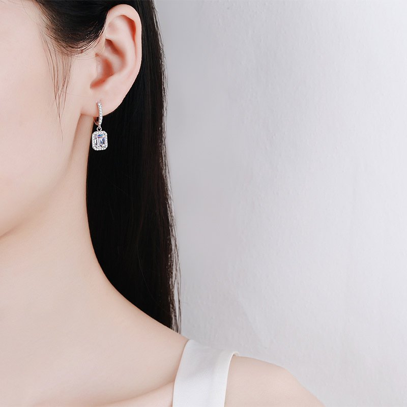 Luxurious 925 Sterling Silver Earrings with Moissanite and Emerald Green Radiant Cut Ear Cuffs for Women