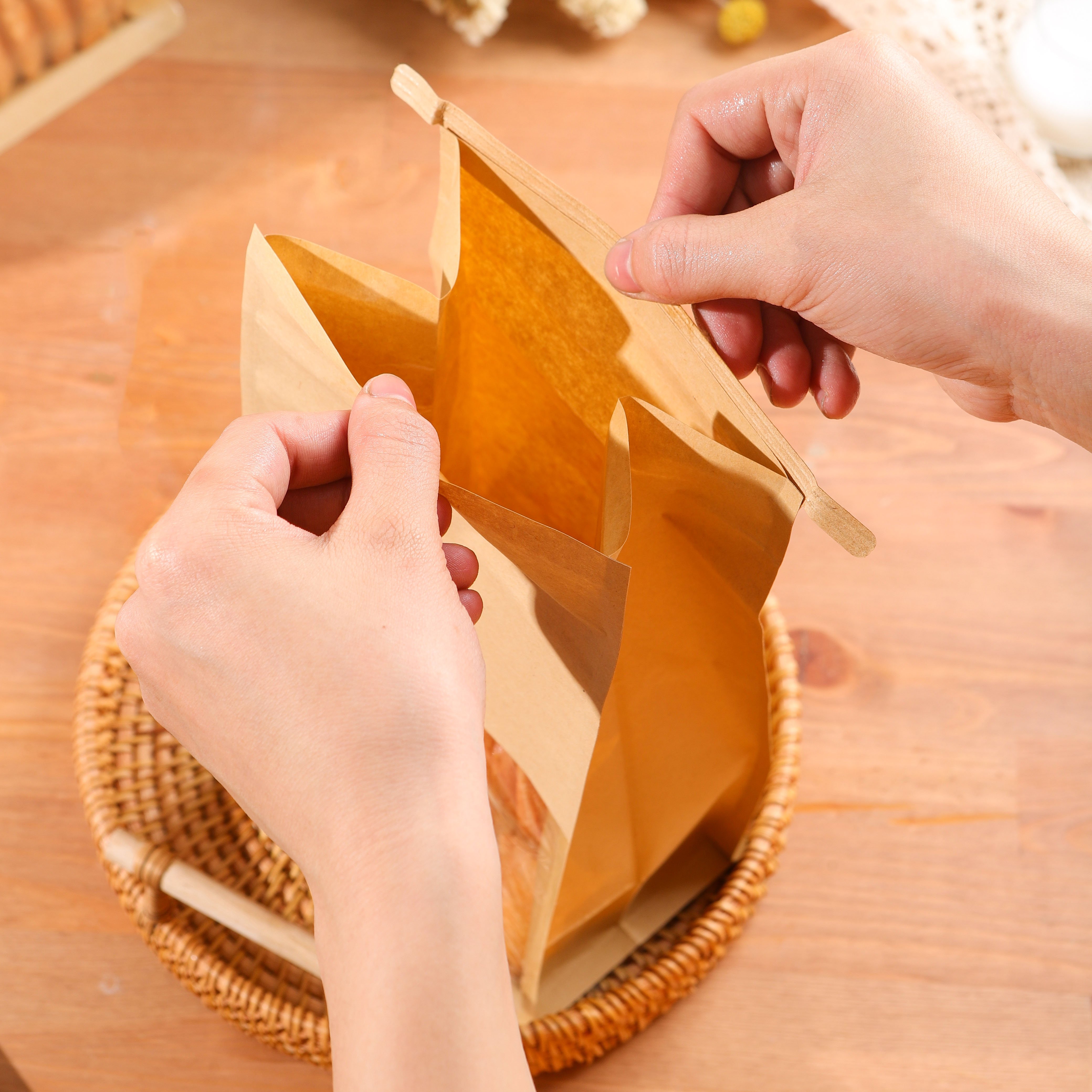 White cotton reusable bread loaf packaging bag with window brown kraft paper bags with tin tie