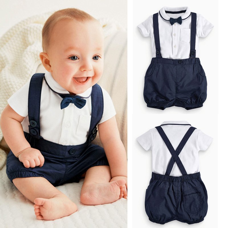 Toddler Infant Baby Boy Gentleman Outfits Short Sleeve T-shirt+bib Pants+bow Tie 2pcs Boys Clothing Set Formal Suits