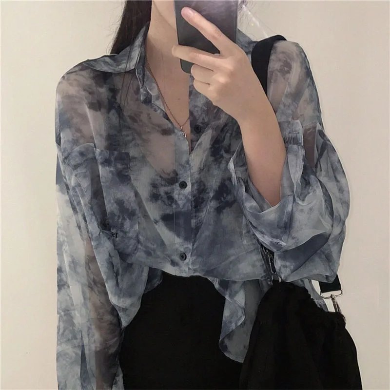 Women Tie Dye Shirts Long Sleeve 2024 Summer Thin Sun-proof Blouse Korean Fashion Ladies Loose Casual Tops Harajuku Streetwear