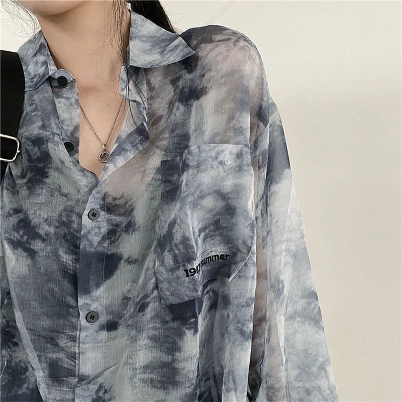Women Tie Dye Shirts Long Sleeve 2024 Summer Thin Sun-proof Blouse Korean Fashion Ladies Loose Casual Tops Harajuku Streetwear