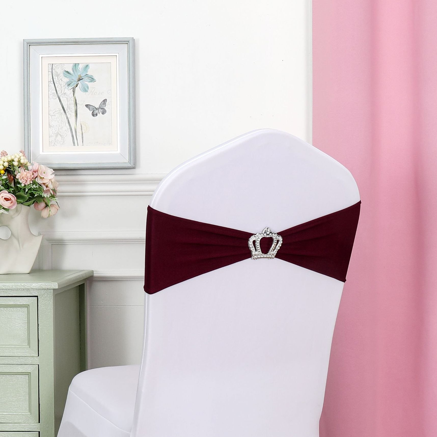 Crown Pattern Spandex Chair Covers Sashes and Bows Sash Ties Bow with Buckle Slider for Wedding Reception Hotel Event Banquet
