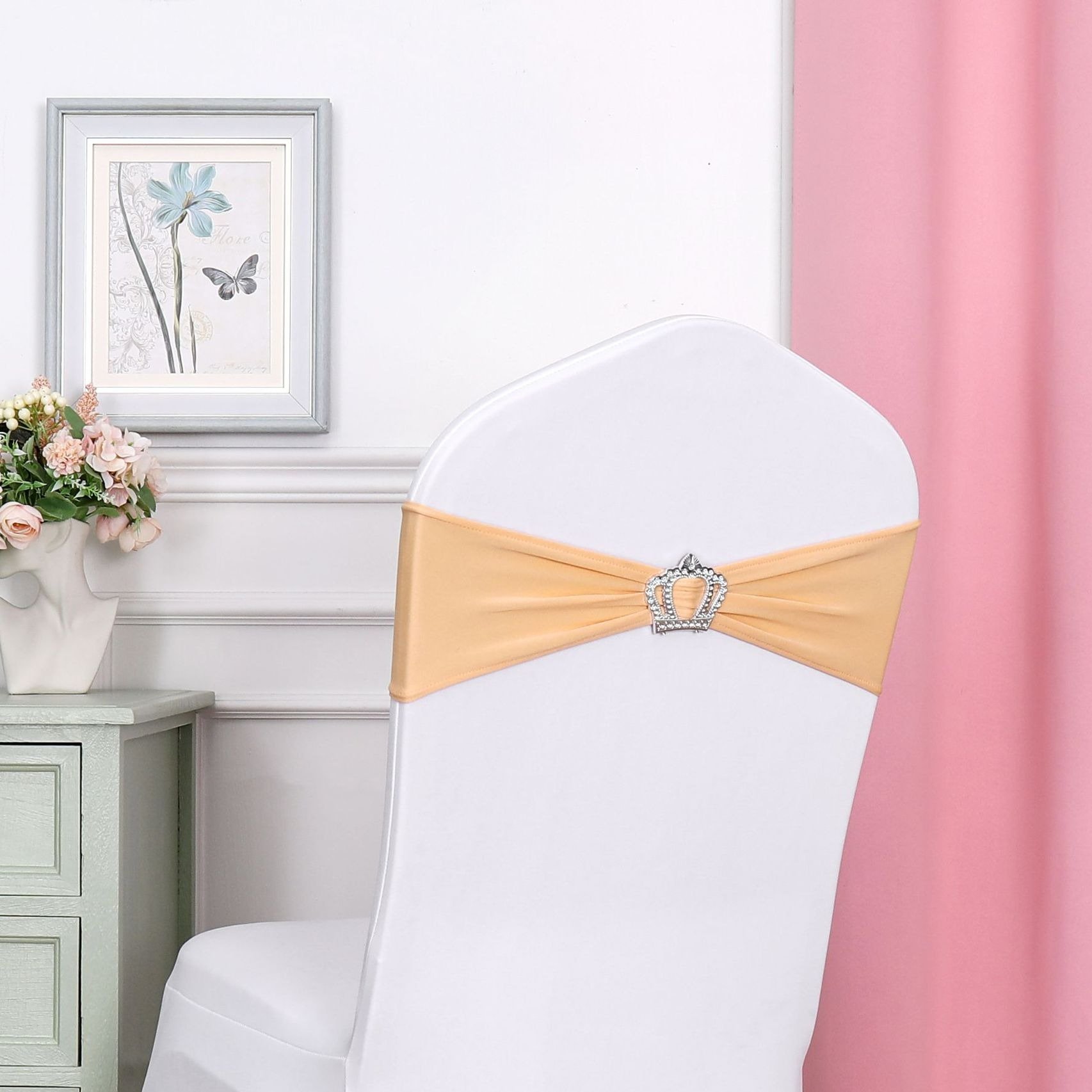 Crown Pattern Spandex Chair Covers Sashes and Bows Sash Ties Bow with Buckle Slider for Wedding Reception Hotel Event Banquet