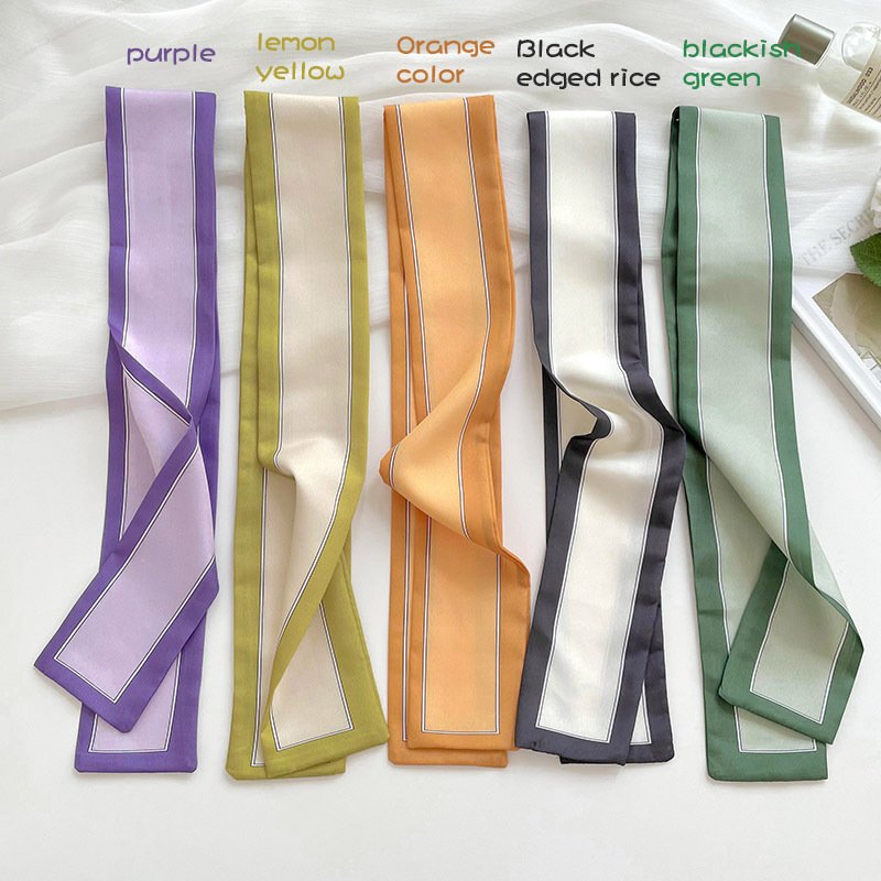 Purple orange solid fashionable print narrow ribbon tied bag handle silk scarf with edge hair tie scarf for Ladies