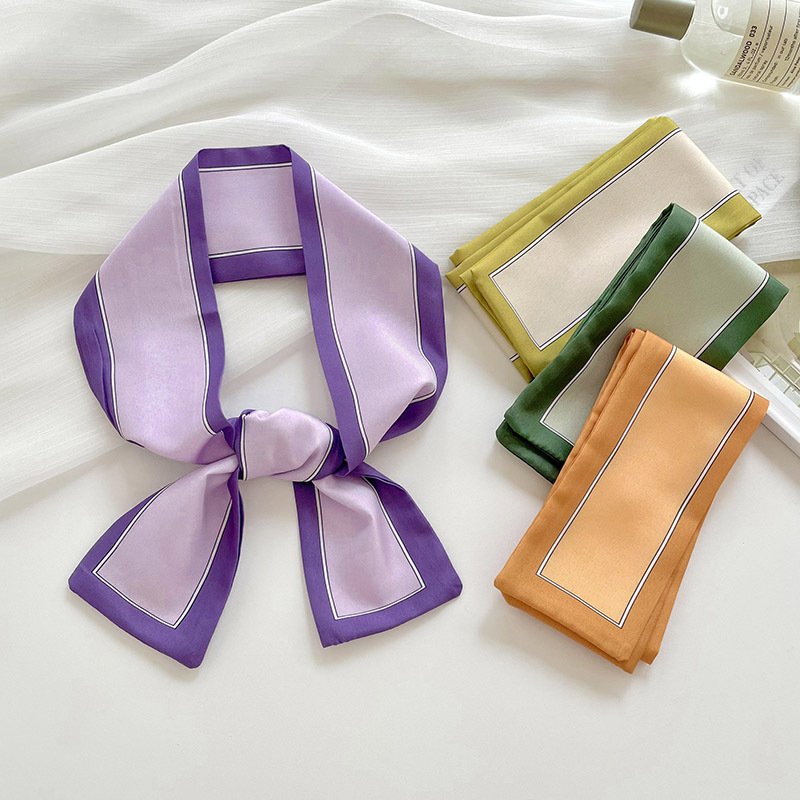 Purple orange solid fashionable print narrow ribbon tied bag handle silk scarf with edge hair tie scarf for Ladies