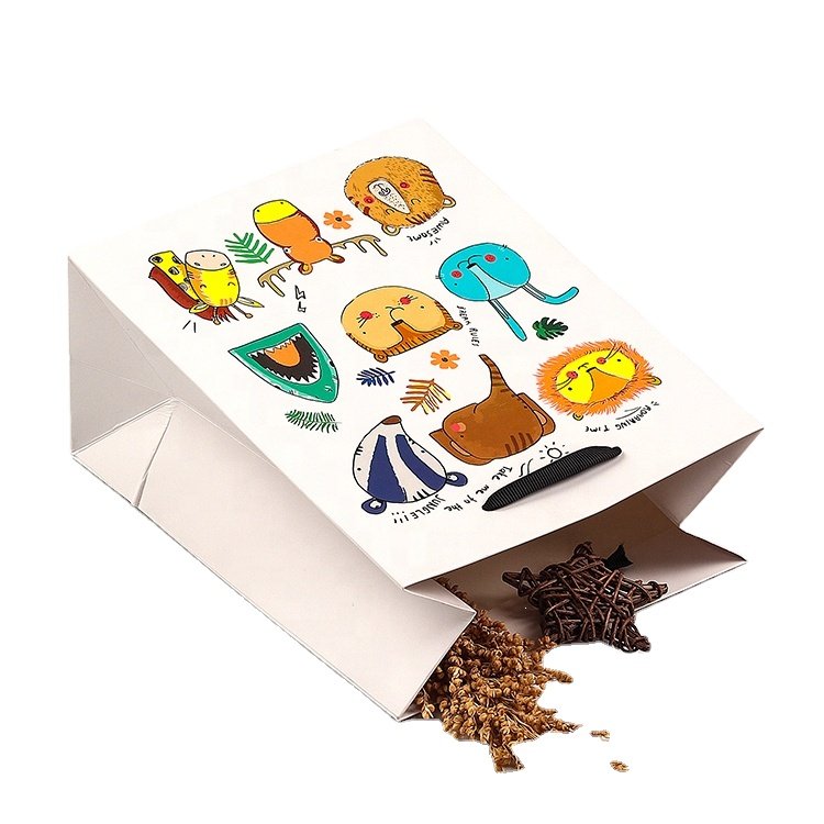 High Quality Special Fluorescent Ink Cute Animal Design For Kids White Cardboard Paper Bag Craft Paper Packing Bags