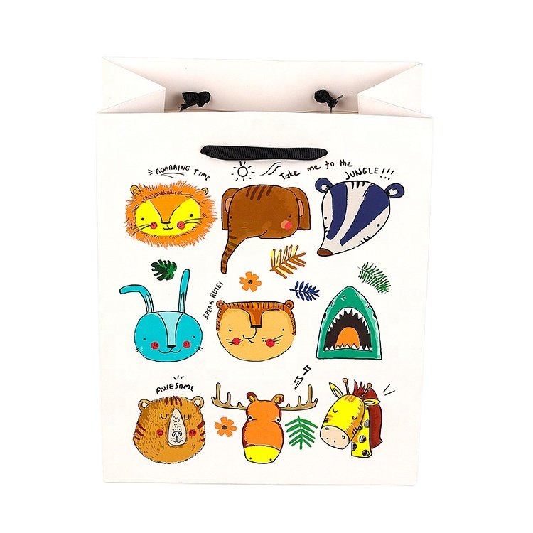 High Quality Special Fluorescent Ink Cute Animal Design For Kids White Cardboard Paper Bag Craft Paper Packing Bags