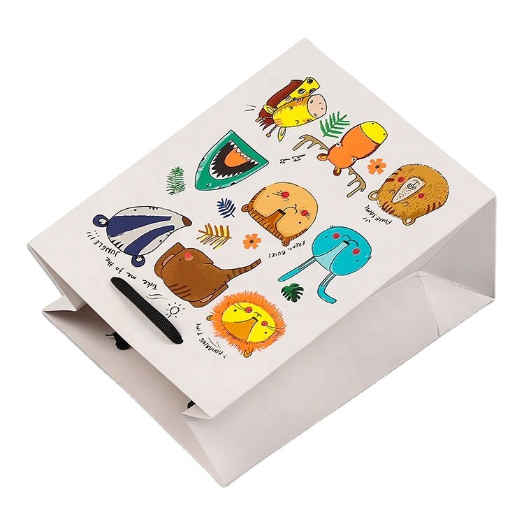 High Quality Special Fluorescent Ink Cute Animal Design For Kids White Cardboard Paper Bag Craft Paper Packing Bags