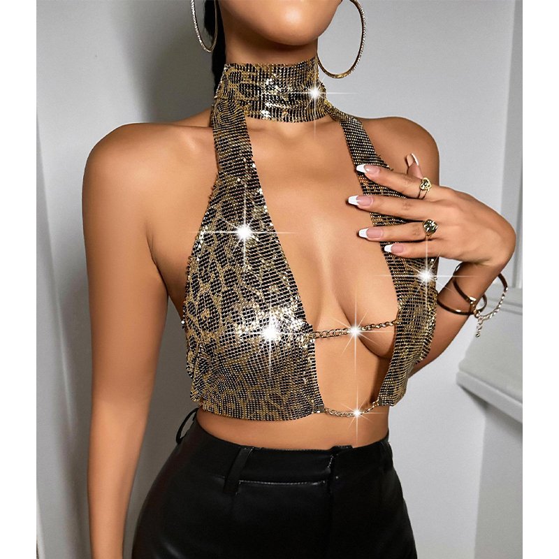 Women Sexy Front Open Metal Chainmail Crop Top For Nightclub Party Leopard Print Metallic Mesh Tie Halter Neck Top