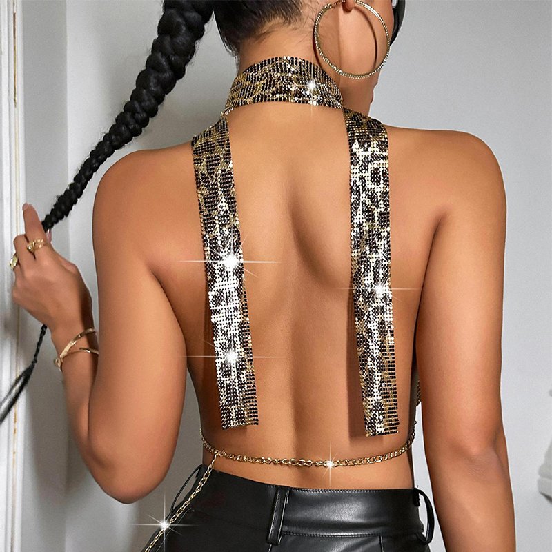 Women Sexy Front Open Metal Chainmail Crop Top For Nightclub Party Leopard Print Metallic Mesh Tie Halter Neck Top