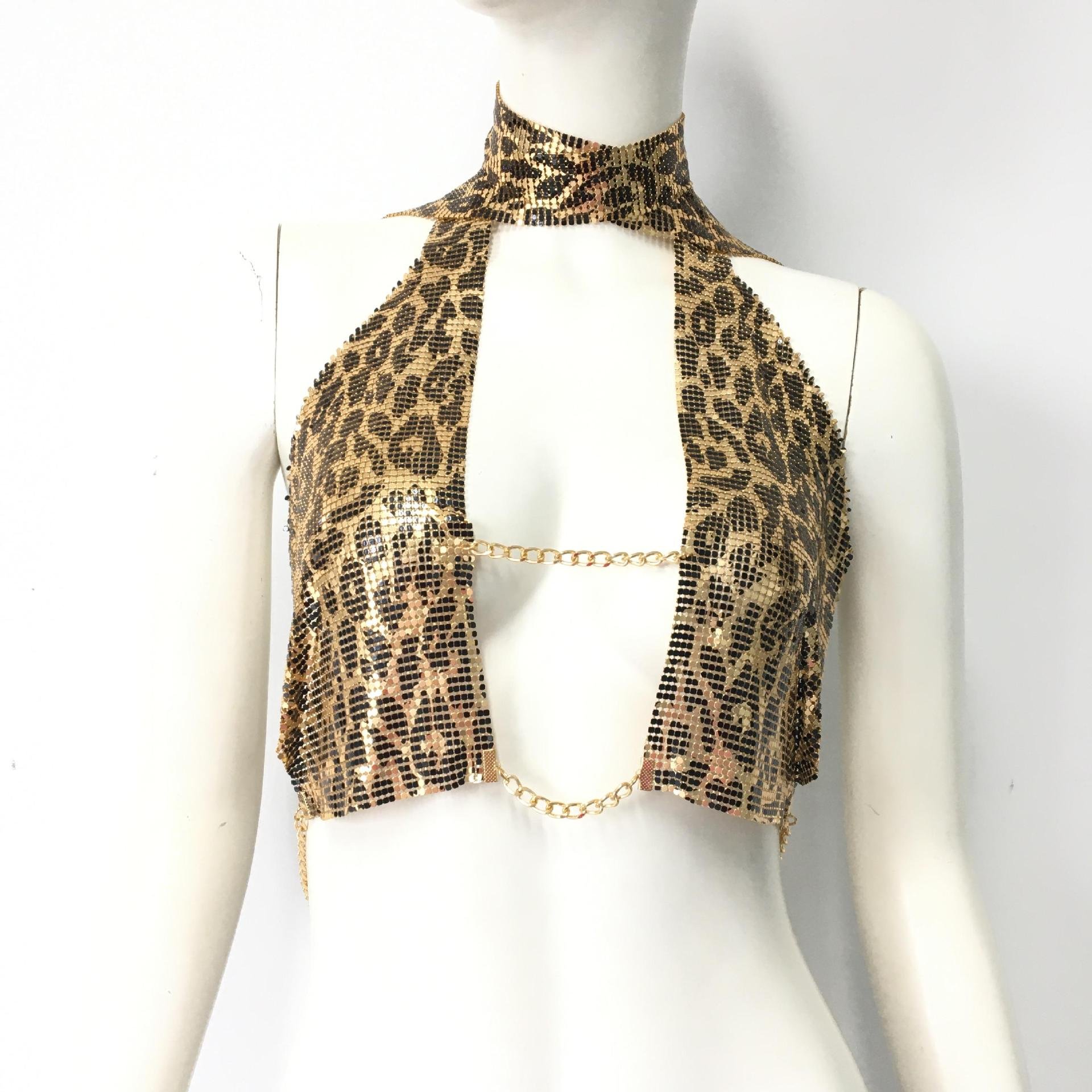 Women Sexy Front Open Metal Chainmail Crop Top For Nightclub Party Leopard Print Metallic Mesh Tie Halter Neck Top