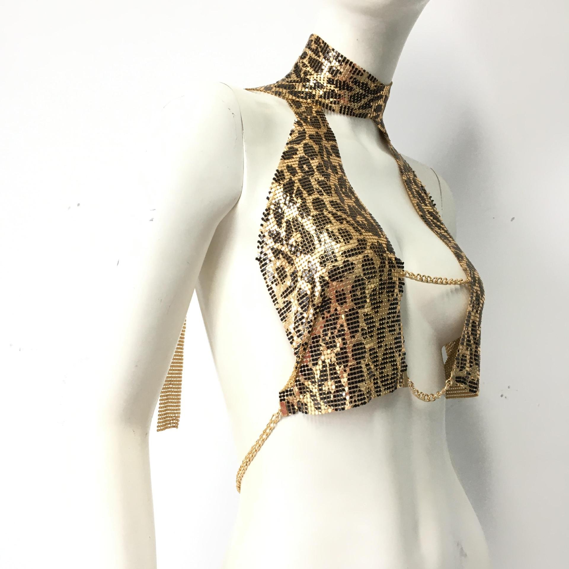 Women Sexy Front Open Metal Chainmail Crop Top For Nightclub Party Leopard Print Metallic Mesh Tie Halter Neck Top