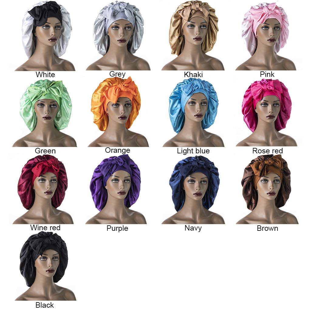 Long large Custom logo braid hair head sleeping stain bonnets and satin silk hair wraps with tie and scarf
