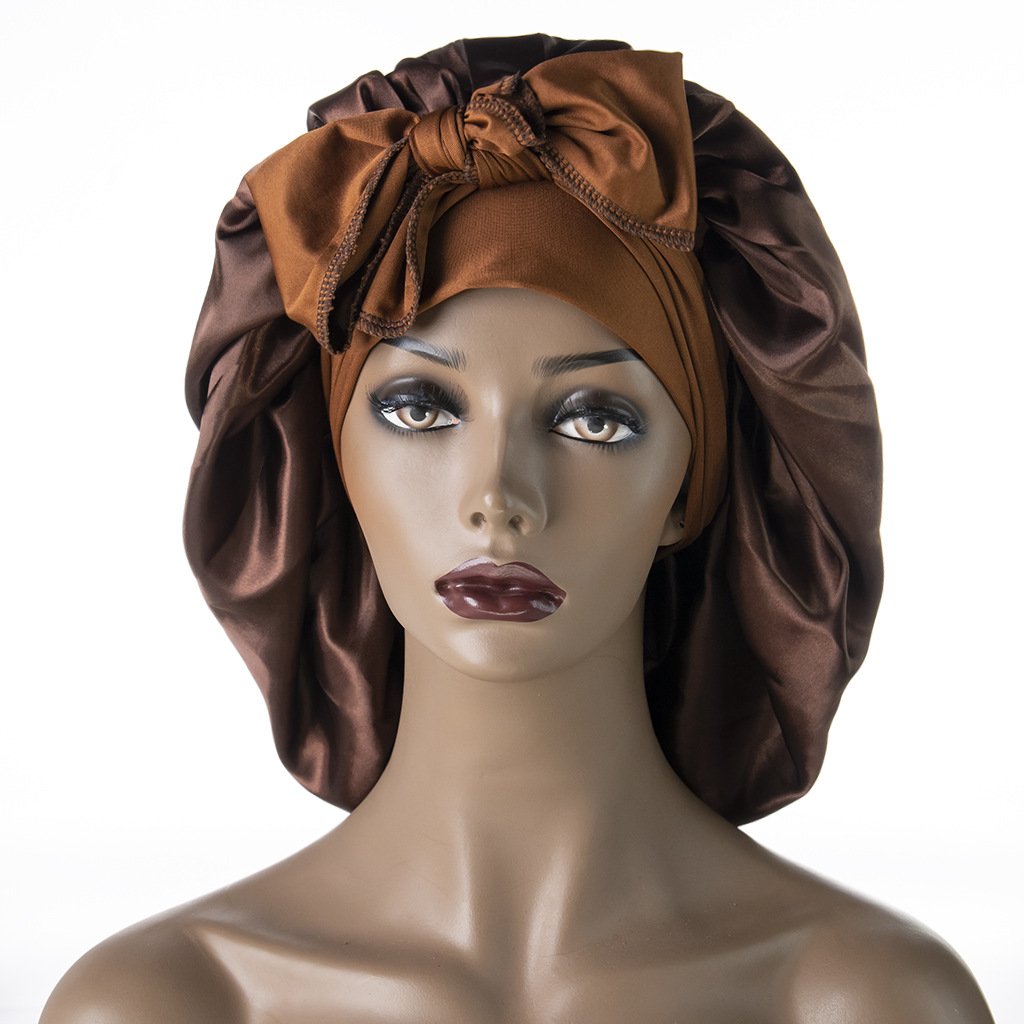 Long large Custom logo braid hair head sleeping stain bonnets and satin silk hair wraps with tie and scarf