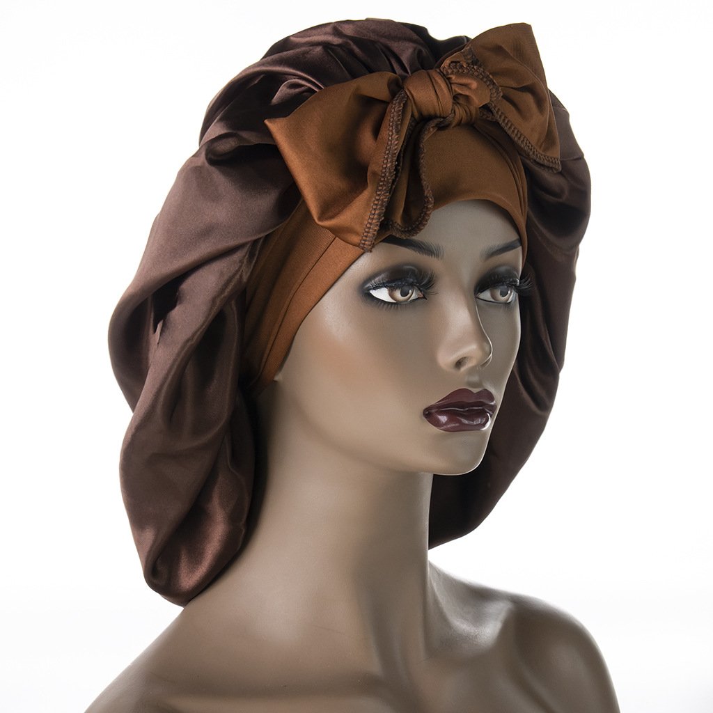 Long large Custom logo braid hair head sleeping stain bonnets and satin silk hair wraps with tie and scarf