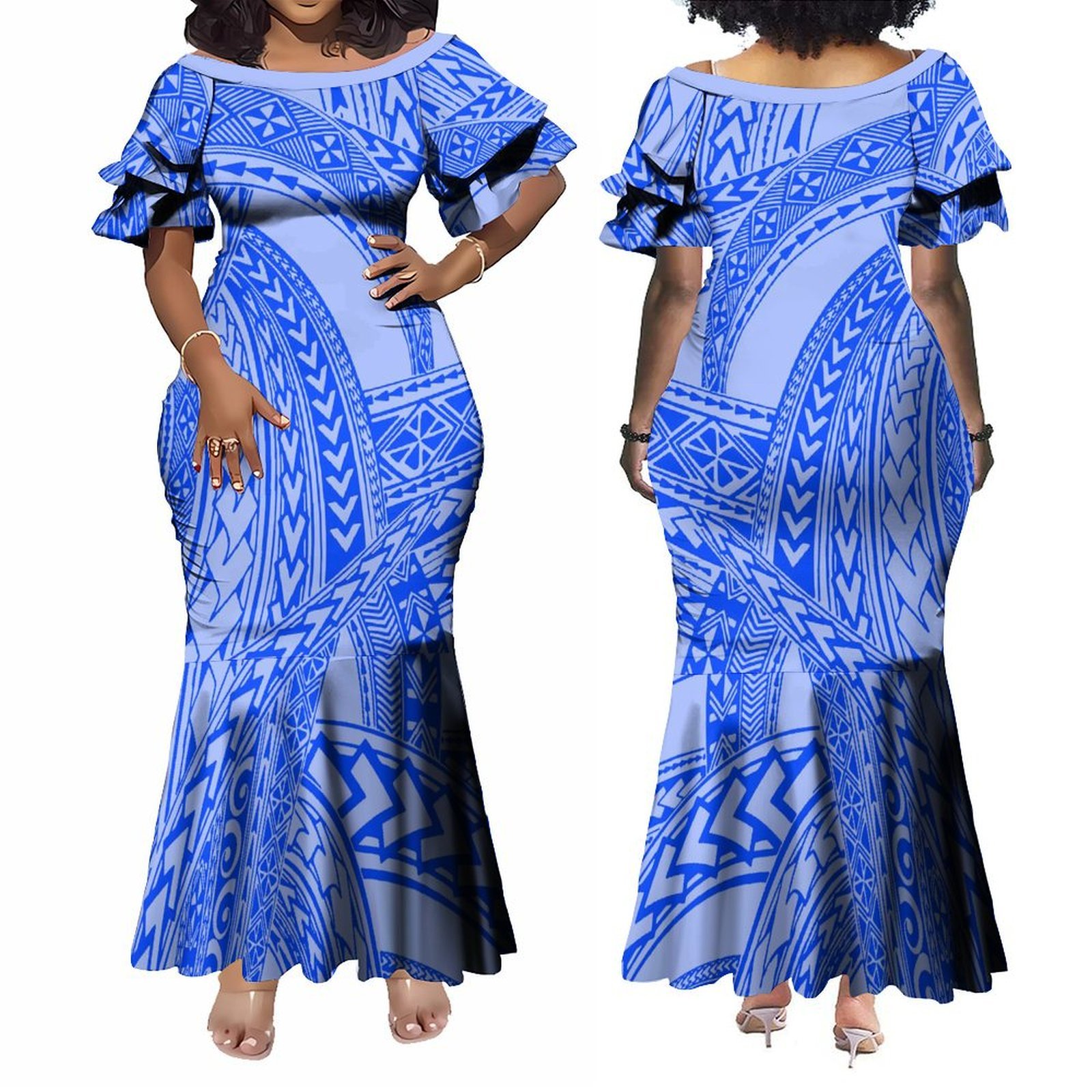 Tapa Melanesia Design Ruffle Petal Sleeve Bodycon Mermaid Dress Ladies Hawaiian Dress Polynesian Plus Size Women Clothing Custom