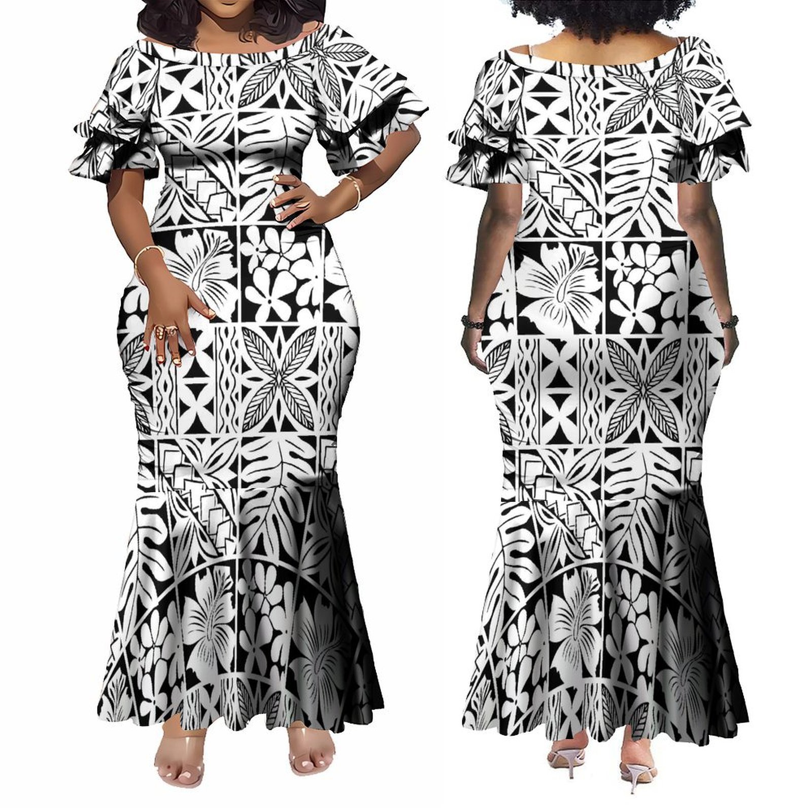 Tapa Melanesia Design Ruffle Petal Sleeve Bodycon Mermaid Dress Ladies Hawaiian Dress Polynesian Plus Size Women Clothing Custom