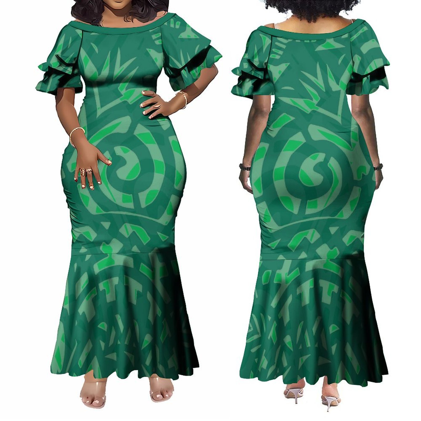 Tapa Melanesia Design Ruffle Petal Sleeve Bodycon Mermaid Dress Ladies Hawaiian Dress Polynesian Plus Size Women Clothing Custom