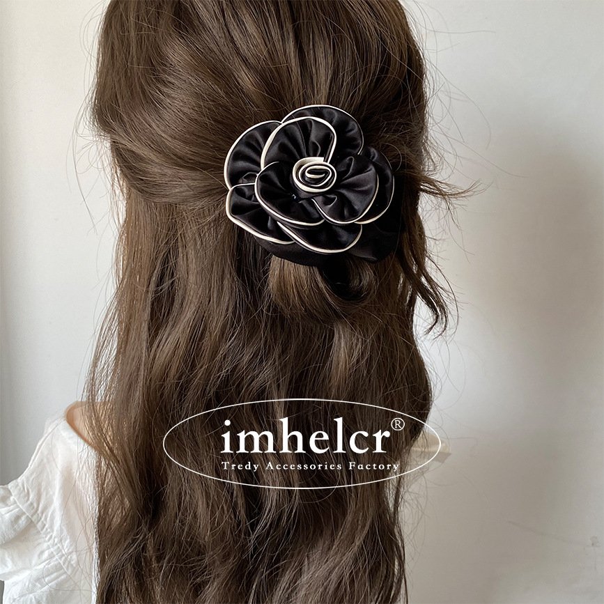YANYE Fashion Elegant Couture Small Fragrance Black White Camellia Fabric Label Hair Band Large Intestine Hair Tie Scrunchies