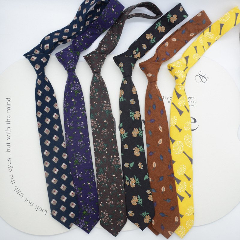 Tie female 6CM hand type casual retro student narrow edition college fashion pattern yellow flower