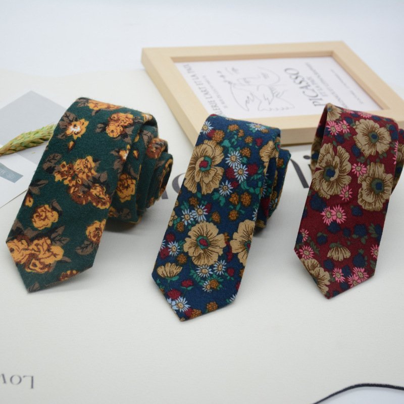 Tie female 6CM hand type casual retro student narrow edition college fashion pattern yellow flower
