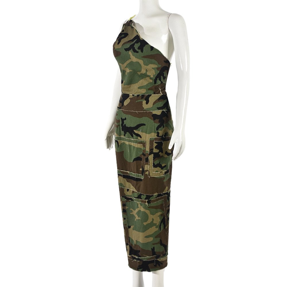Women Sexy Sling Street Wear Army Green Camouflage Long Dress Camo Dresses Fit Ladies Hollow Slim Dress