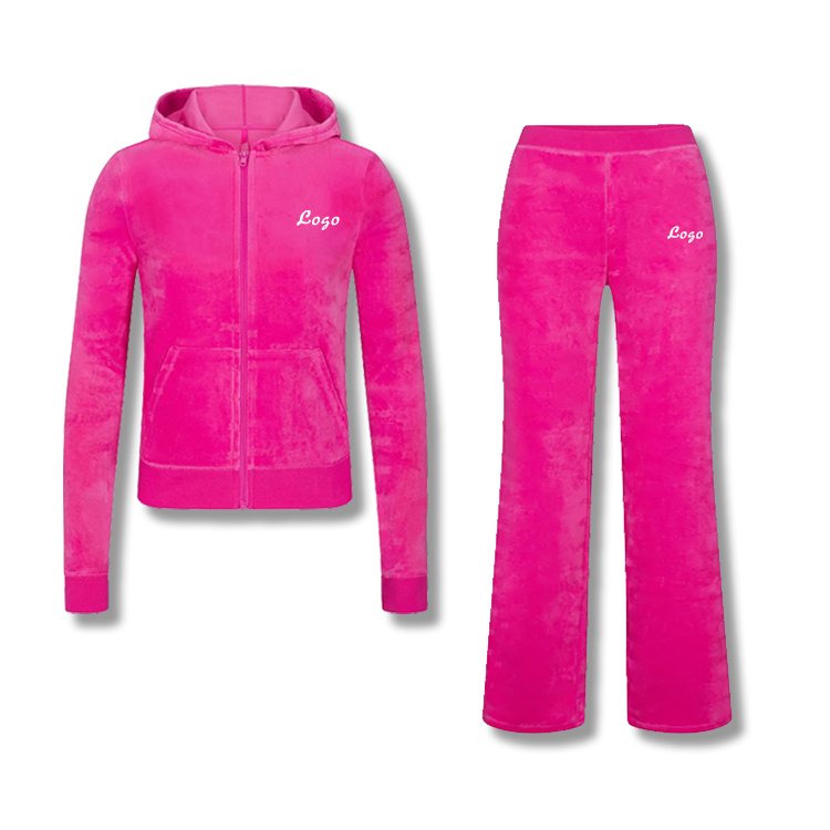 2024 Custom Logo Spring Knit Velour Hoodie Outfit 2 Piece Set Velvet Loungewear Jogging Sweat Track Suits For Women custom made