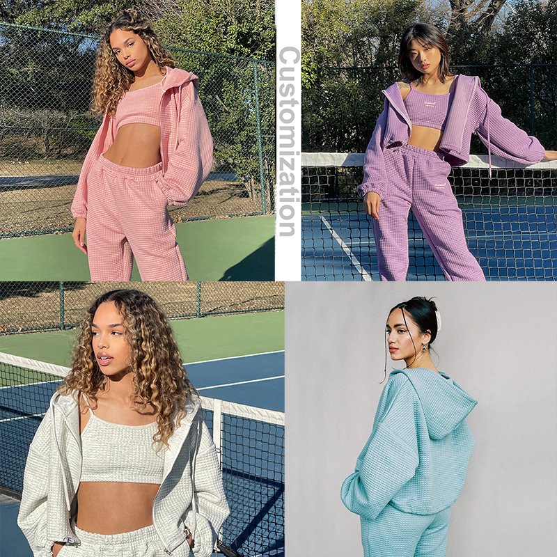 Custom Women Waffle Cropped Zip Up Hoodies For Women Casual Pullover Waffle Long Sleeve Drawstring Hooded Sweatshirt with Pocket
