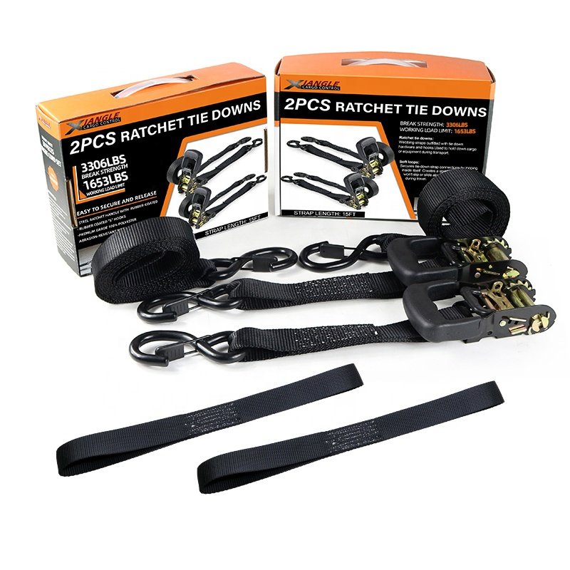 2 Pack 1.5 Inch Black Rubber Handle Heavy Duty Ratchet Strap Tie Down Lockable S Hook
