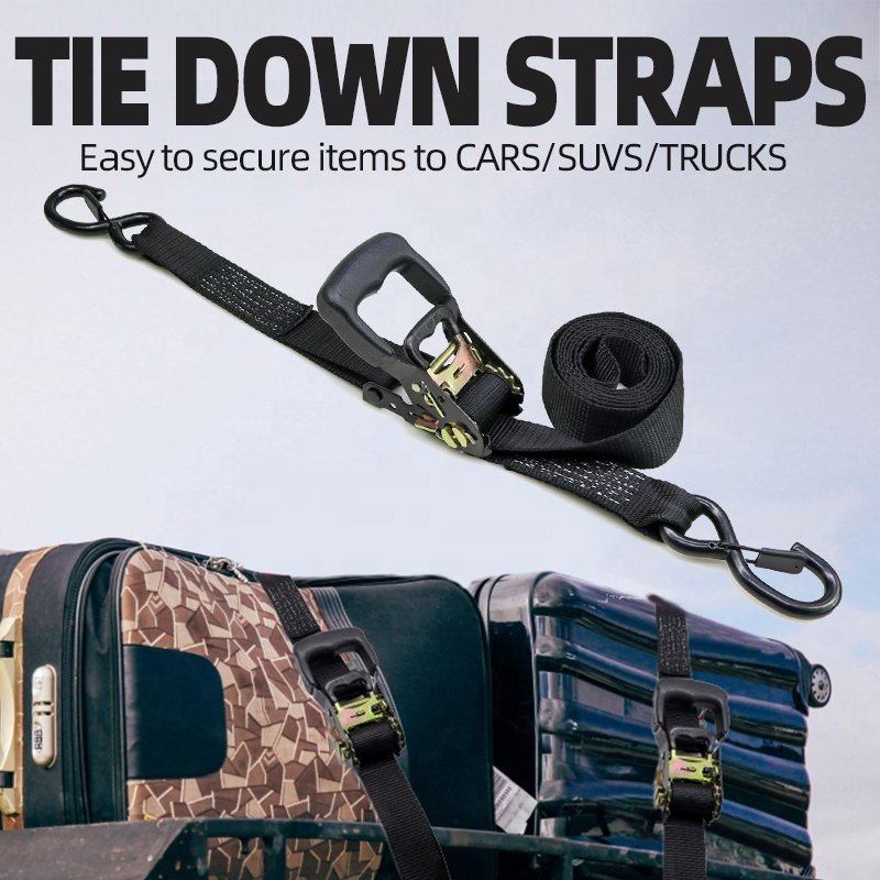 2 Pack 1.5 Inch Black Rubber Handle Heavy Duty Ratchet Strap Tie Down Lockable S Hook
