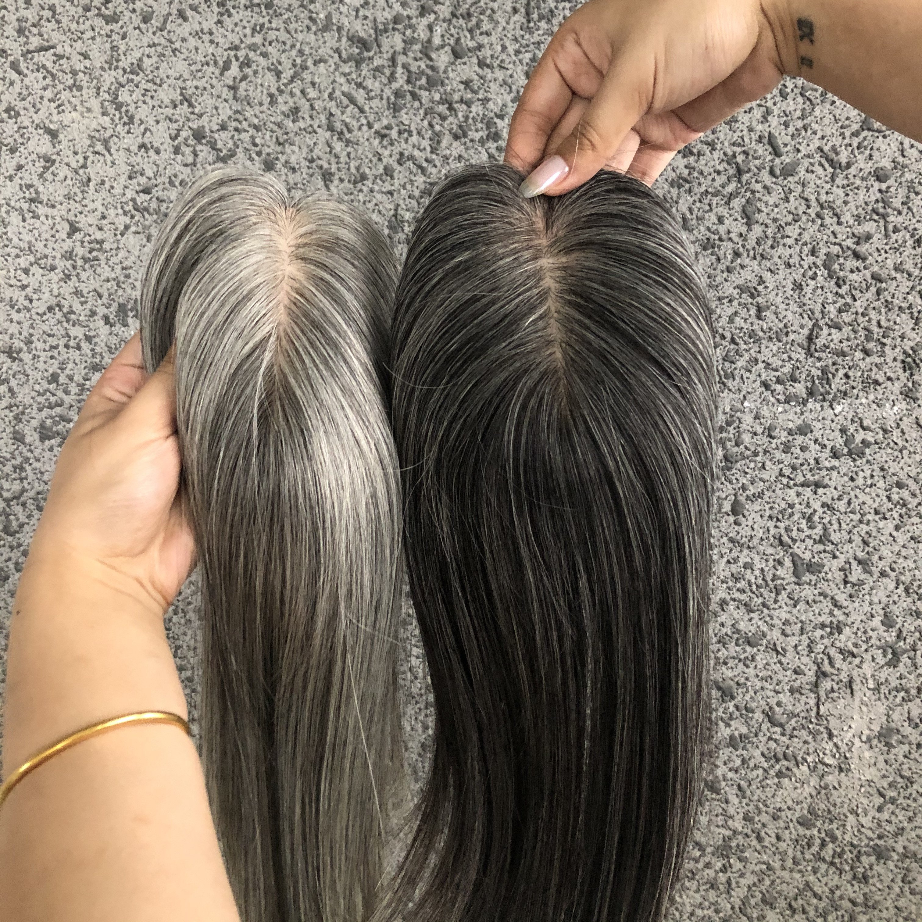 European Russian Raw Virgin Human Hair Full Hand Tied Silk Base With Clips Virgin Cuticle Aligned Gray Topper