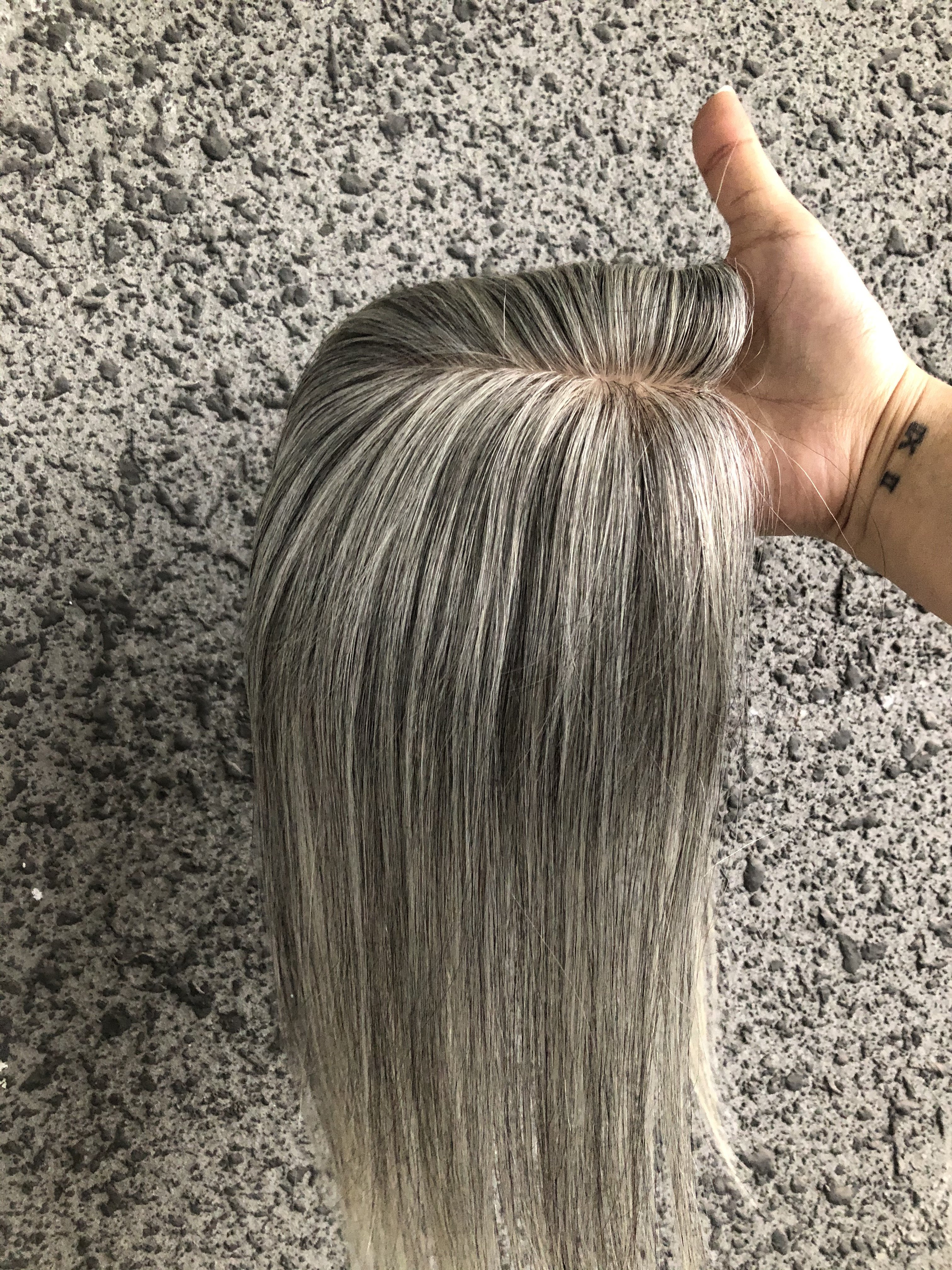 European Russian Raw Virgin Human Hair Full Hand Tied Silk Base With Clips Virgin Cuticle Aligned Gray Topper
