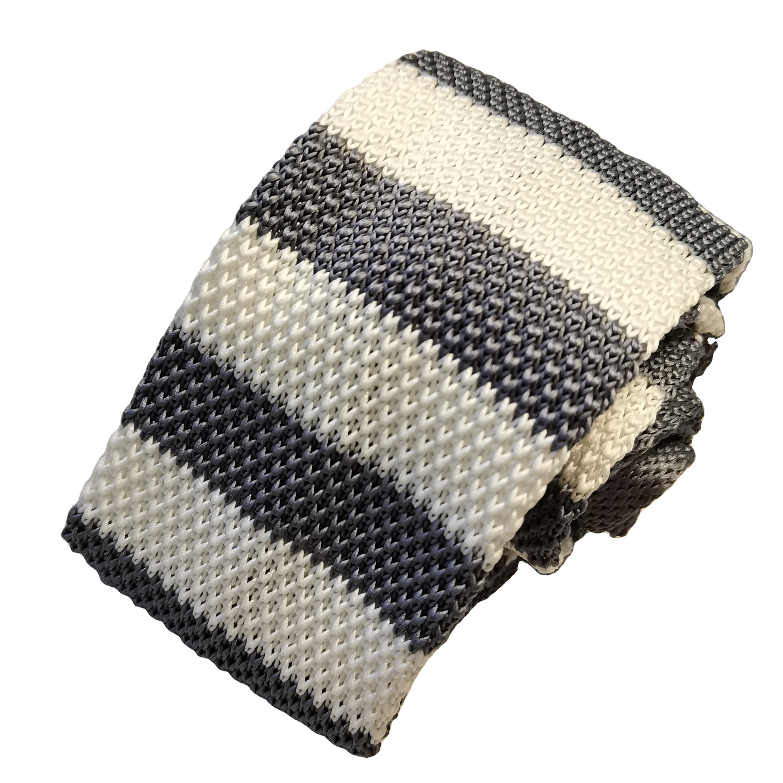 Wholesale Microfiber Polyester Necktie Hot Sale White Grey Stripe Classic Fashion Wedding Knit Customization For Men