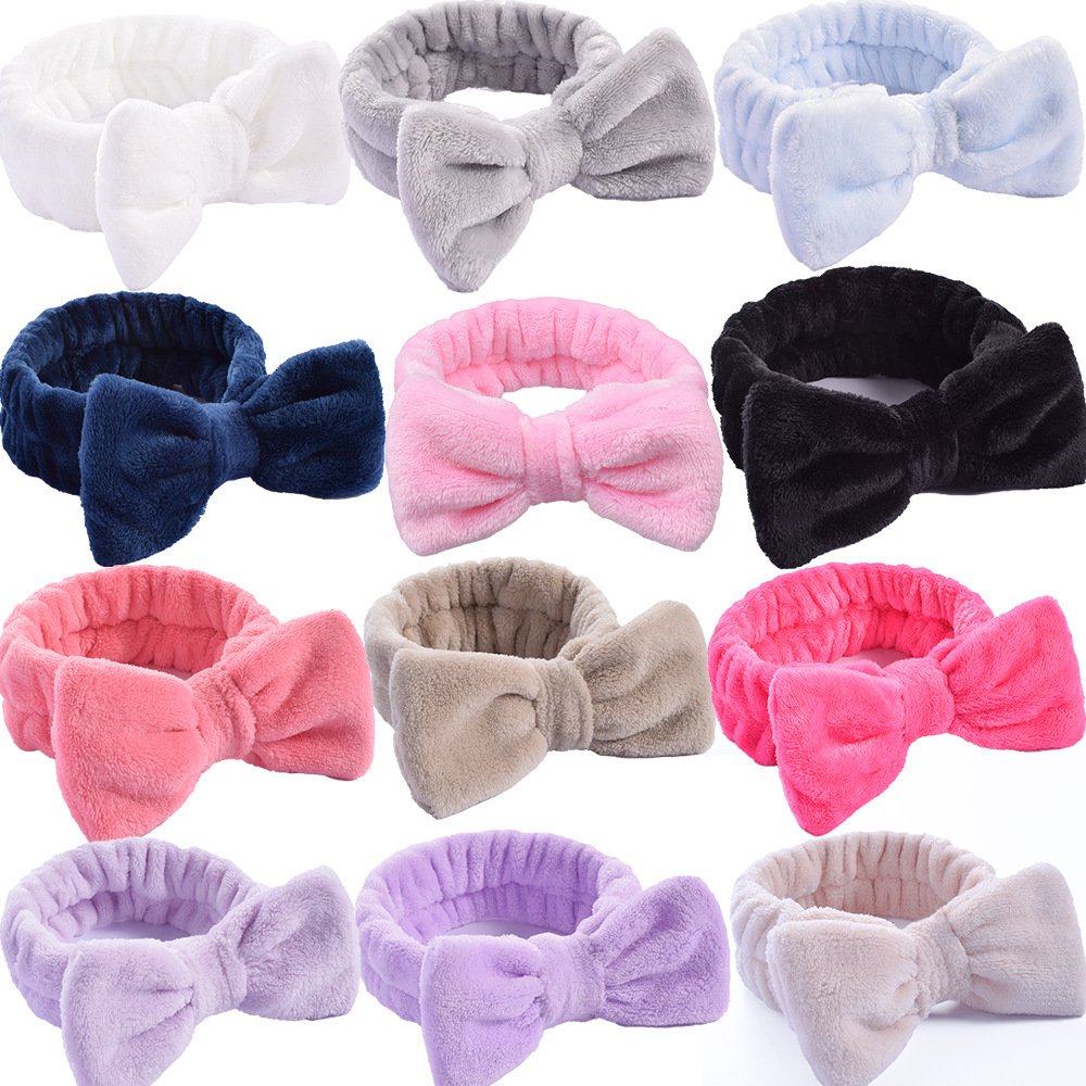 Women's pink custom logo velvet headband soft cosmetic hair band girls makeup spa band with bow pure color hairband