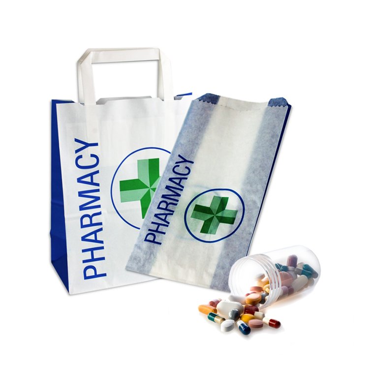 Custom logo printed sos retail pharmacy paper medicine pill bags factory price prescribtion white kraft craft takeout bag