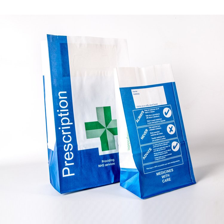 Custom logo printed sos retail pharmacy paper medicine pill bags factory price prescribtion white kraft craft takeout bag