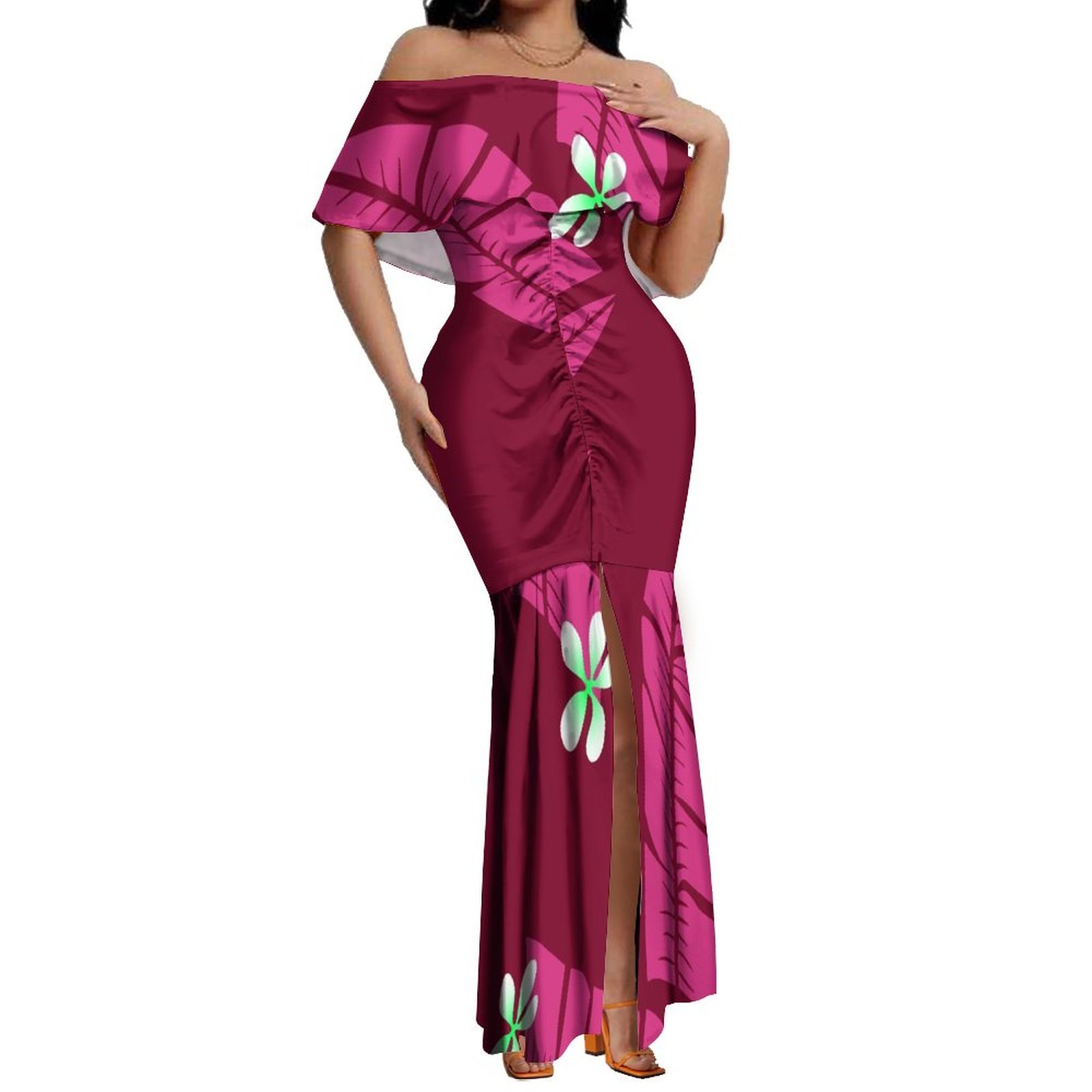 2023 New Design Custom Tight Hips-Wrapped Slit Fishtail Dress Hawaiian Tropical Style One Shoulder Trumpet Mermaid Evening Dress