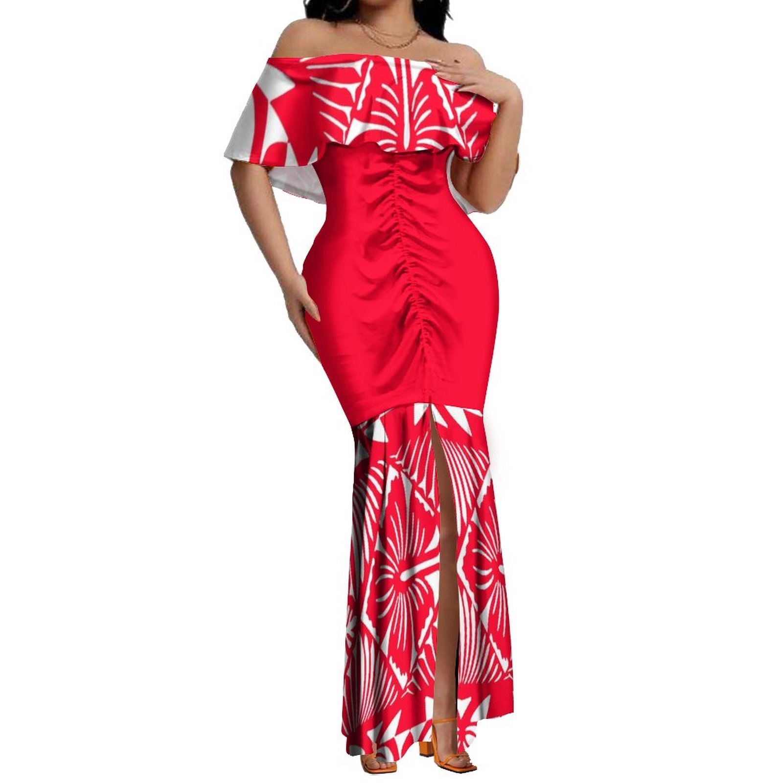 2023 New Design Custom Tight Hips-Wrapped Slit Fishtail Dress Hawaiian Tropical Style One Shoulder Trumpet Mermaid Evening Dress