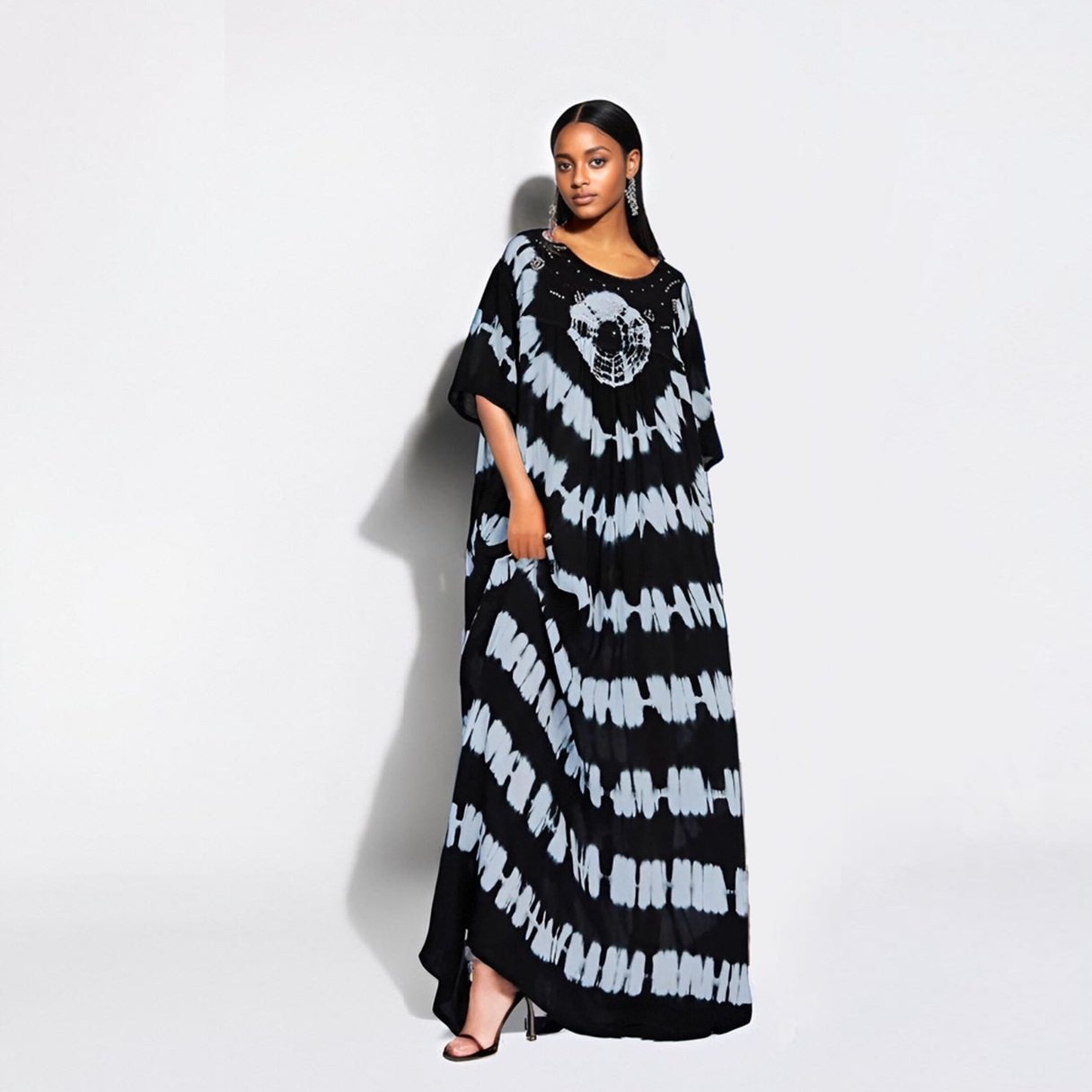 Women African Elegant Tie Dye Sequins Half Sleeve Floor Length Kaftan Abaya Robe Dress For Clothing