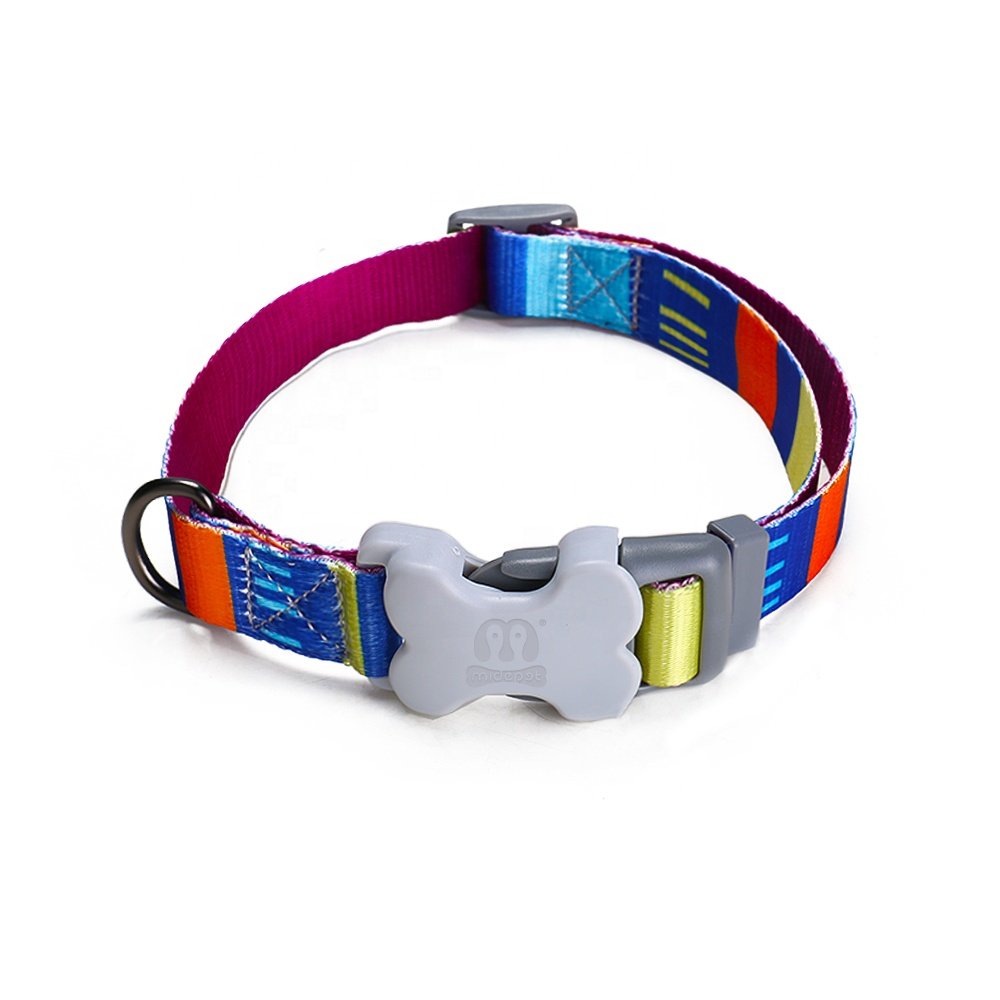 MIDEPET custom designer pattern print nylon webbing adjustable collares para mascotas engraved bone buckle dog collar