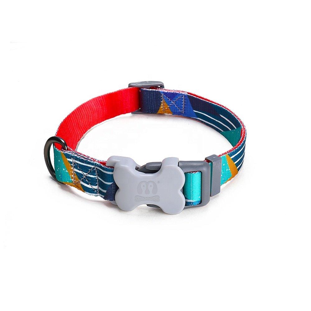 MIDEPET custom designer pattern print nylon webbing adjustable collares para mascotas engraved bone buckle dog collar