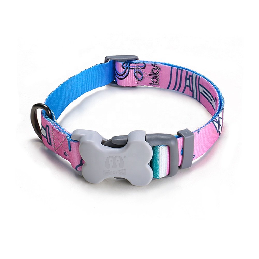MIDEPET custom designer pattern print nylon webbing adjustable collares para mascotas engraved bone buckle dog collar