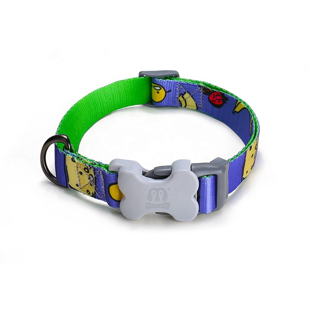 MIDEPET custom designer pattern print nylon webbing adjustable collares para mascotas engraved bone buckle dog collar