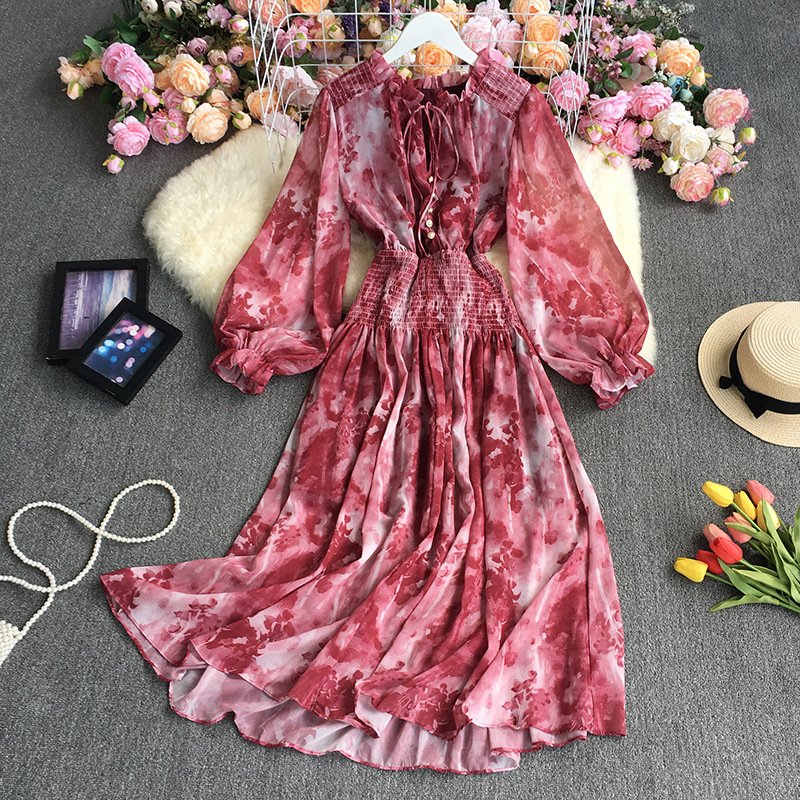 Autumn French retro long-sleeved dress ink painting tie-dye printing stand-up collar large swing dress